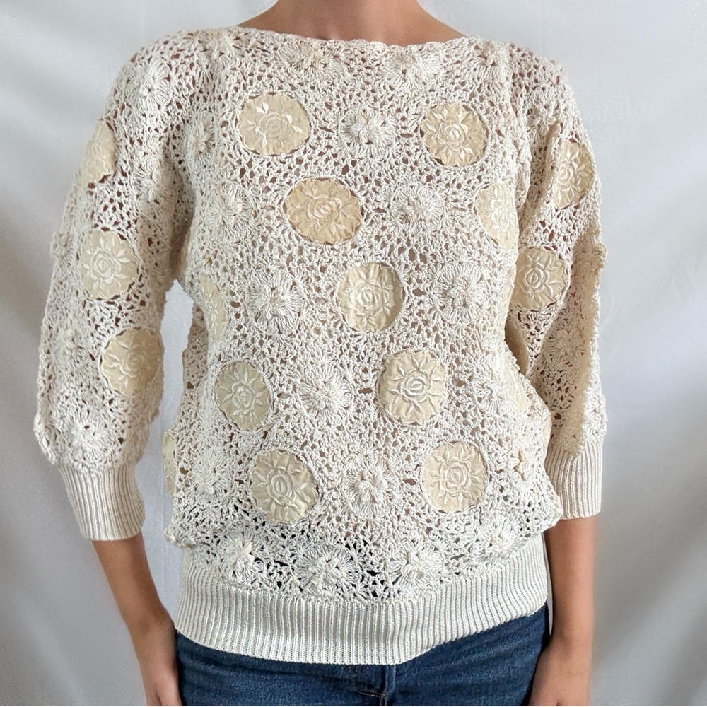Vintage cream crochet doily sweater long sleeve blouse top cottage